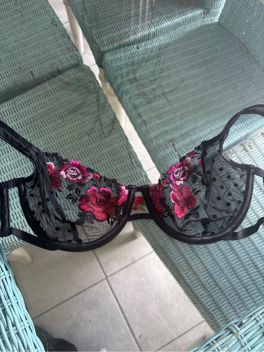 For Love And Lemons Black Sheer Underwire Bra with Pink Rose Embroidery